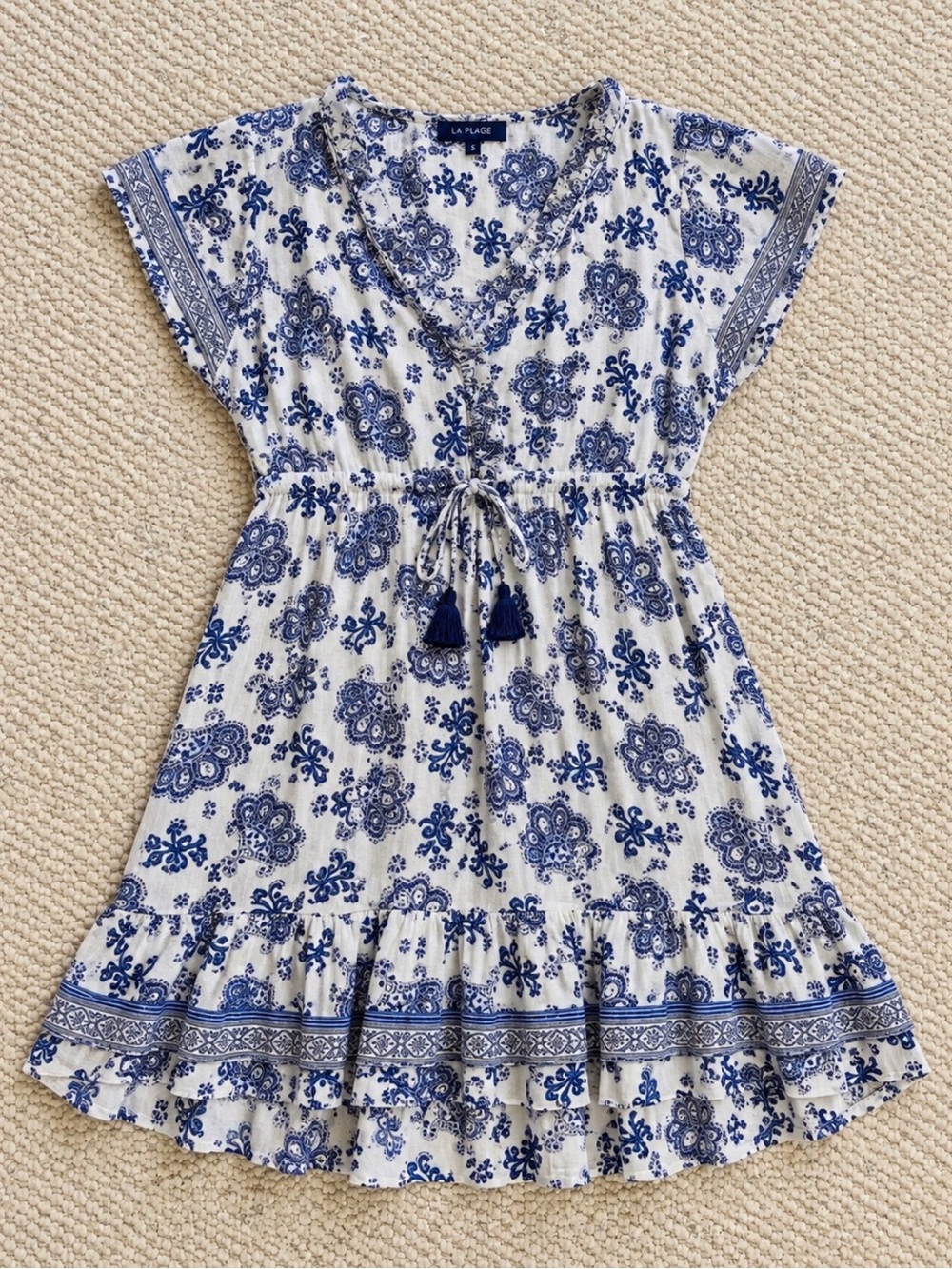 LA PLAGE Blue White Paisley Tassel Ruffle Mini Dress Size M Boho Resort